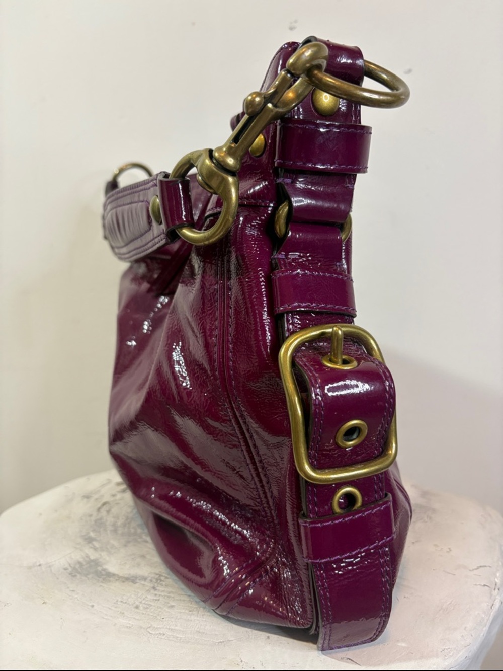 Plum Large/XL Coach 2008 Zoe Patent Leather Hobo Y2K Shiny Slouch It Girl Bag - Picture 3 of 9